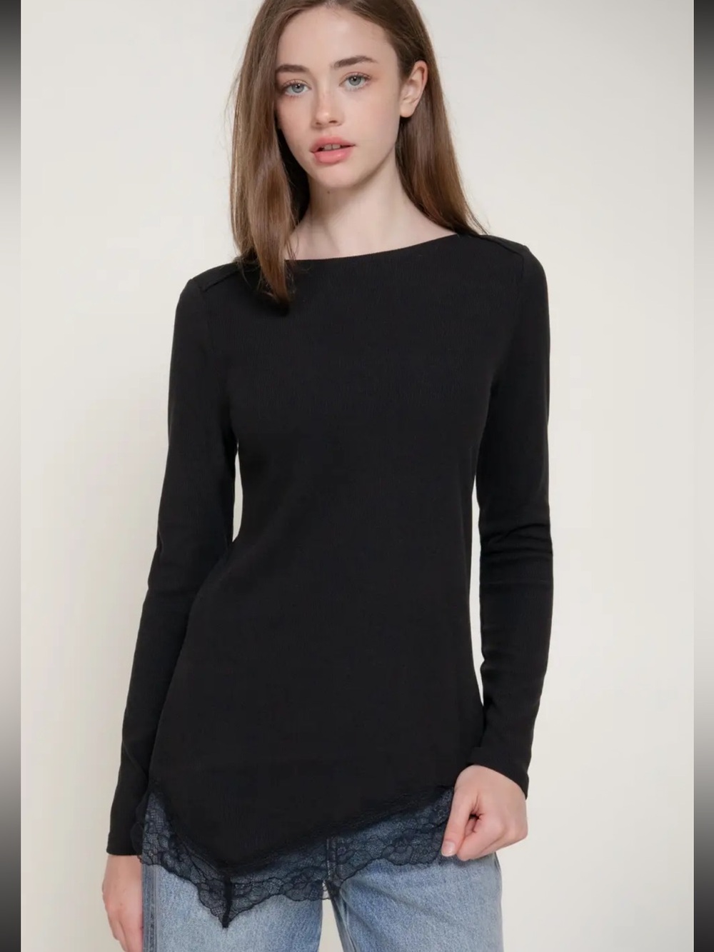 Black Boat Neck Lace Hem Brushed Rib Long Sleeve Top – Small